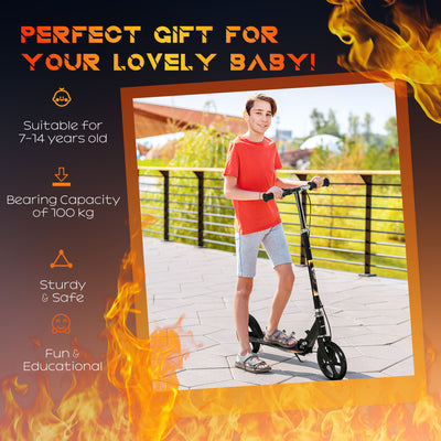 HOMCOM Kids Foldable Kick Scooter w/ Adjustable Height, Break, Big Wheels, for Ages 7-14 Years - Black 