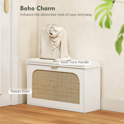 HOMCOM Boho Shoe Bench with Padded Seat and Flip-Drawer - White 