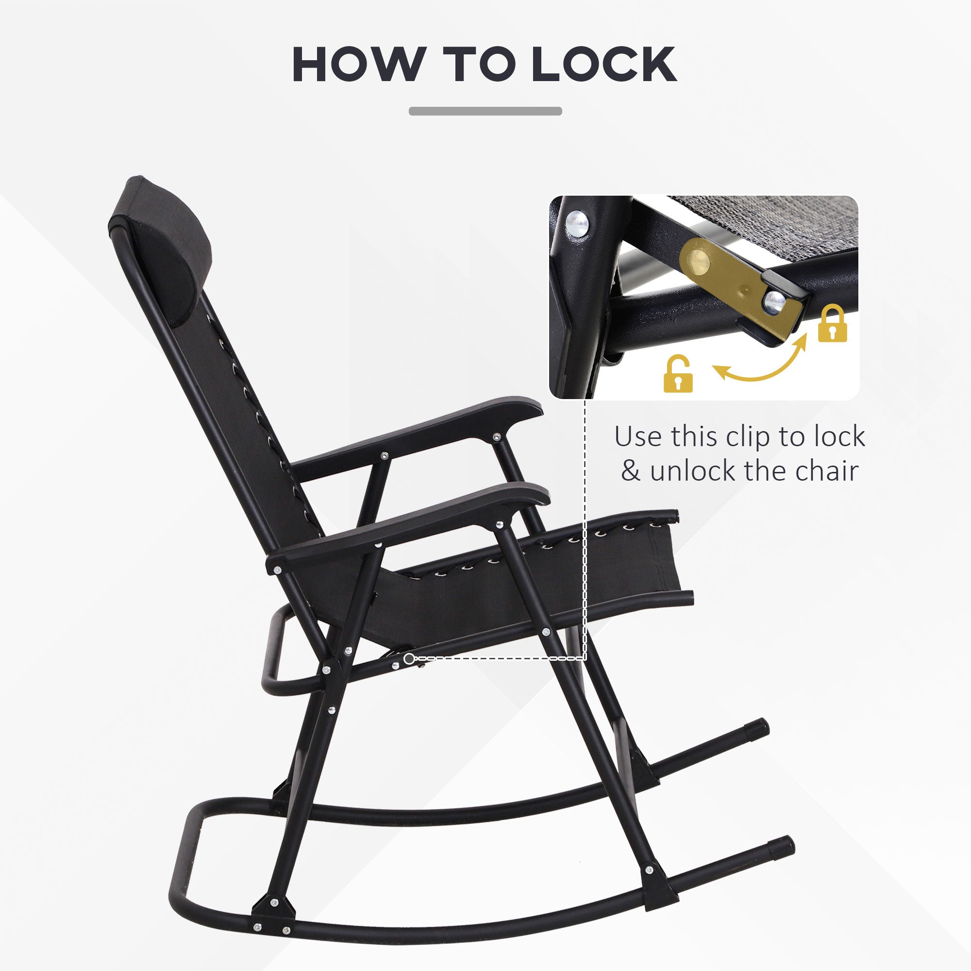 Outsunny Garden Rocking Chair Folding Outdoor Adjustable Rocker Zero-Gravity Seat with Headrest Camping Fishing Patio Deck, 90 x 64 x 110 cm - Black 