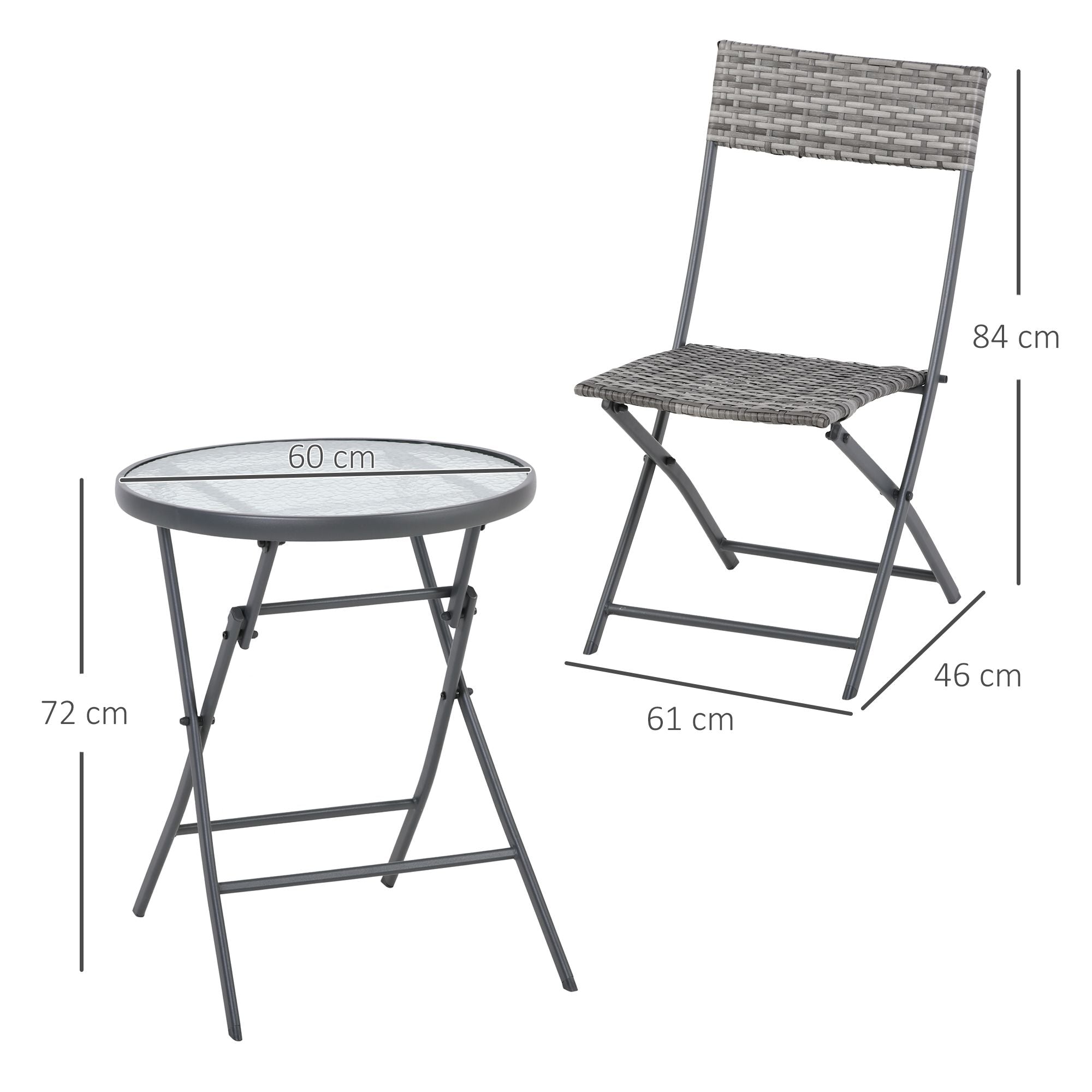 Outsunny 3 Pieces Rattan Bistro Set, Wicker Folding Garden Furniture Set with Glass Top Coffee Table and Chairs for Outdoor, Patio, Balcony, Grey 