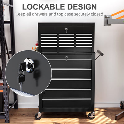 HOMCOM 19 Drawer, Two-Part Tool Storage Chest on Wheels - Black 
