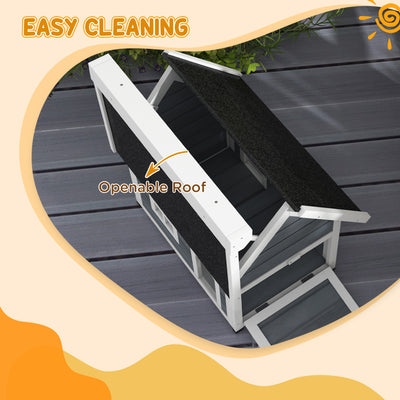 PawHut Outdoor Cat House, Wooden Feral Cat Shelter, with Openable Asphalt Roof, Three Doors - Grey 