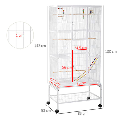 PawHut Large Bird Cage Budgie Cage 3 Tier Aviary with Stand Wheels, Toys, Ladders, Shelf for Canaries, Finches, Cockatiels, Parakeets - White 