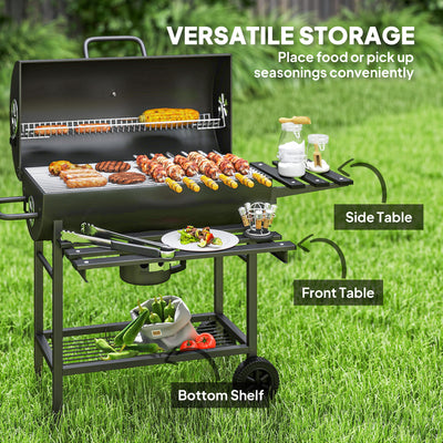 Outsunny Charcoal BBQ Grill with Foldable Front Side Shelf, Portable Barbecue Smoker with Warming Rack, Bottom Shelf, Lid, Temperature Gauge, Wheels for Outdoor Cooking Garden Party, Black 