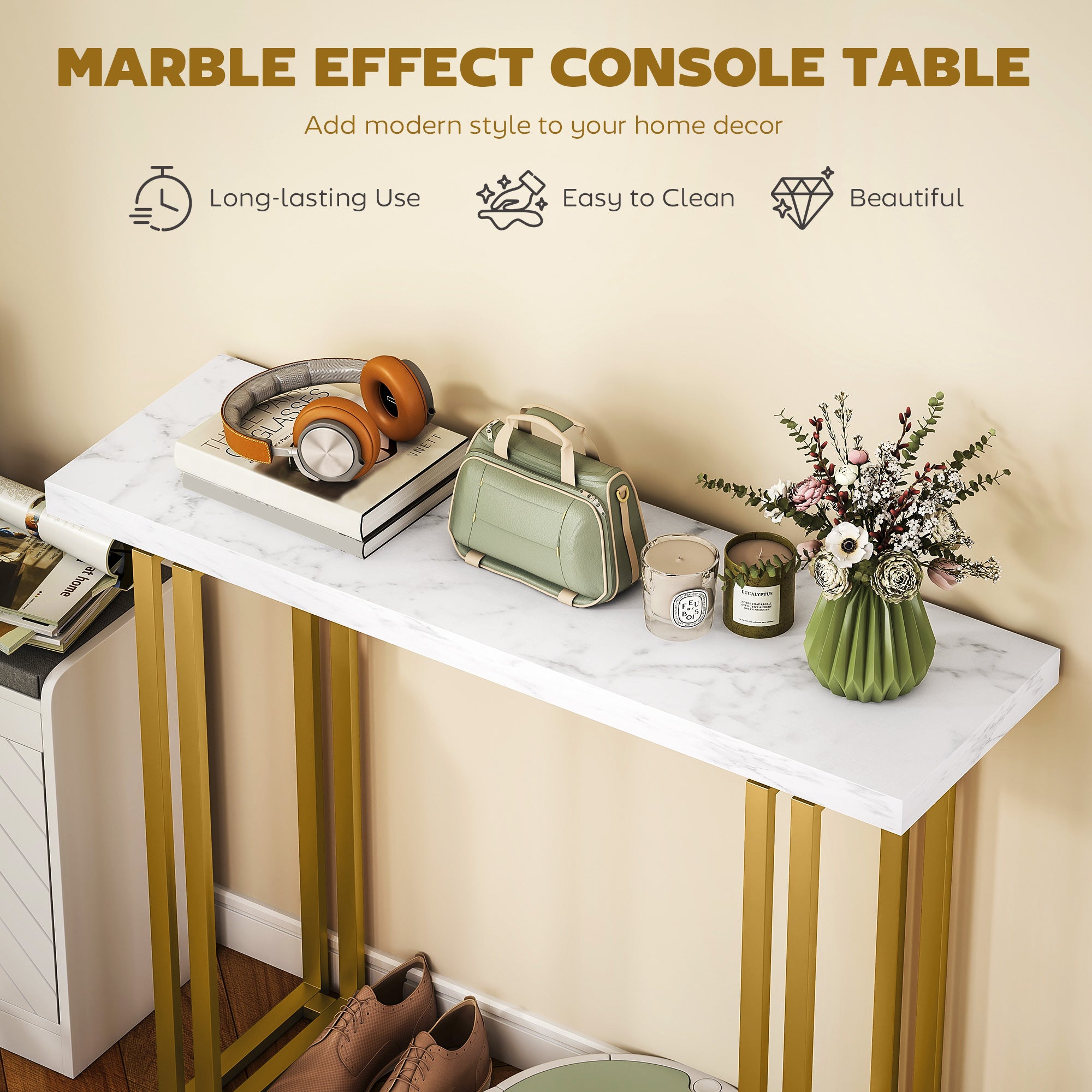 HOMCOM 100 cm Console Table with Faux Marble Top, Narrow Entryway Table with Anti-tipping Device, White 