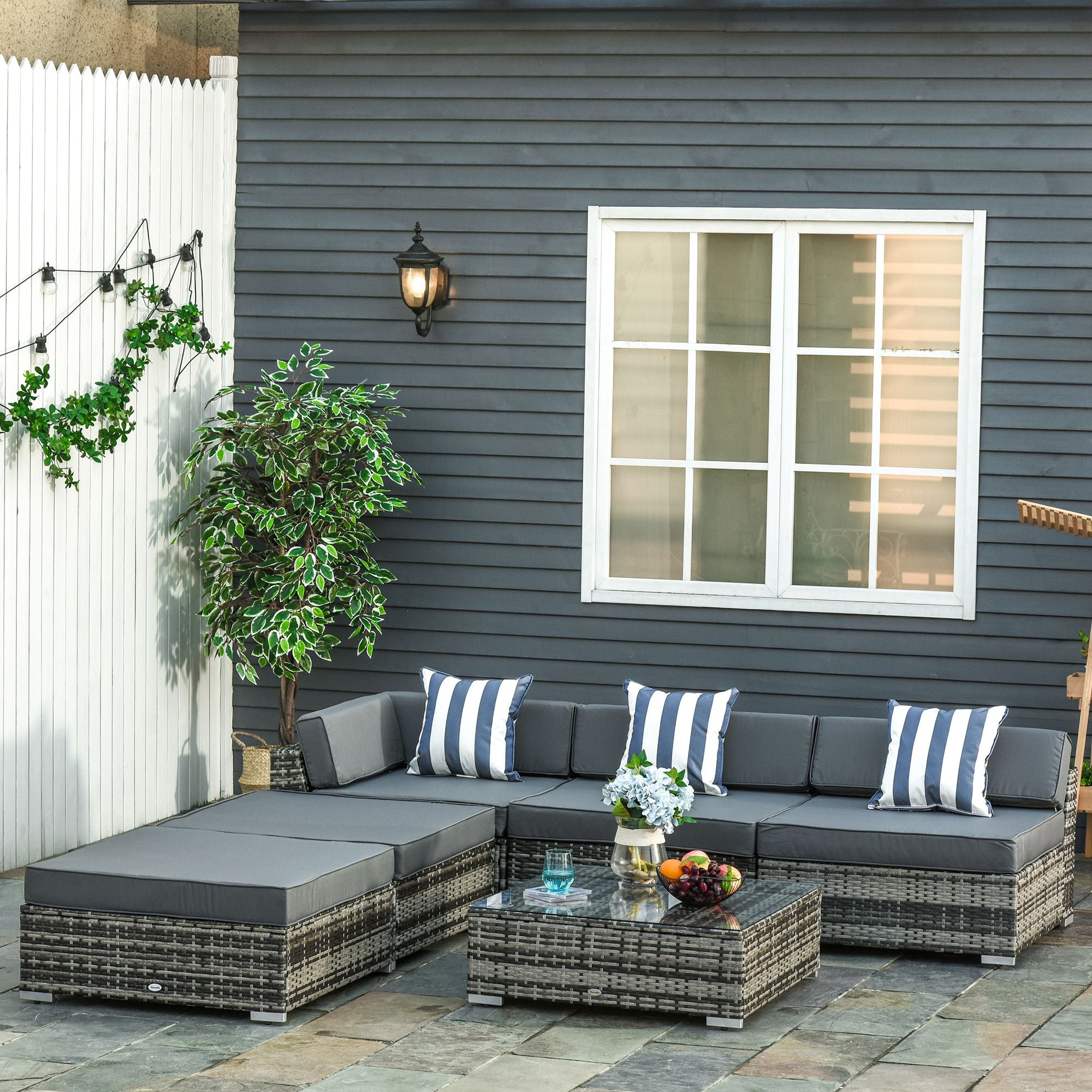 Outsunny 6 PC Rattan Sofa Coffee Table Set Sectional Wicker Weave Furniture for Garden Outdoor Conservatory w/ Pillow Cushion Grey 