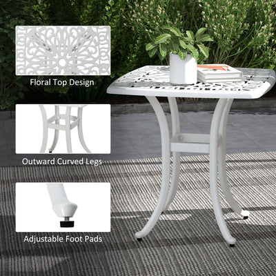 Outsunny Cast Aluminium Bistro Table, Outdoor Square Side Table with Umbrella Hole, Garden Table for Balcony, White 