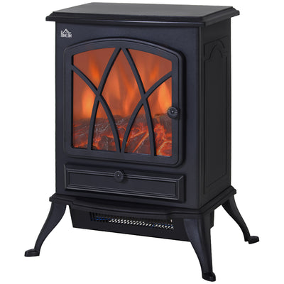 HOMCOM Electric Stove Heater with Realistic Flame Effect, 2000W Portable Indoor Freestanding Electric Fireplace with Adjustable Thermostat, Black 