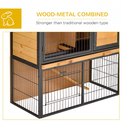 PawHut Guinea Pig Hutch Rabbit Hutch Wood-metal Elevated Pet House Bunny Cage with No-Leak Tray Ramp Openable Roof Outdoor 89.5 x 45 x 81cm Light Yellow 