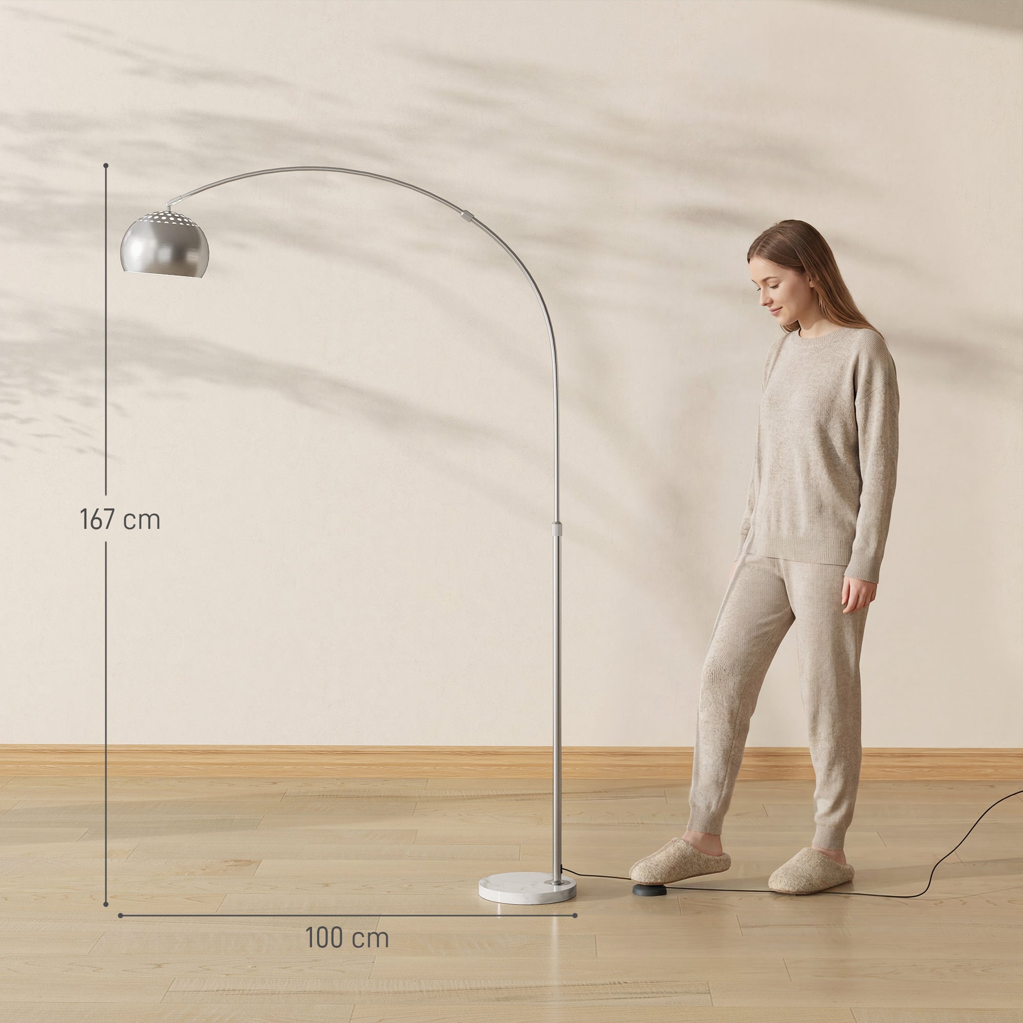 HOMCOM Arc Floor Lamp for Living Room, Modern Adjustable Standing Lamp with Faux Black Marble Base Silver Tone 