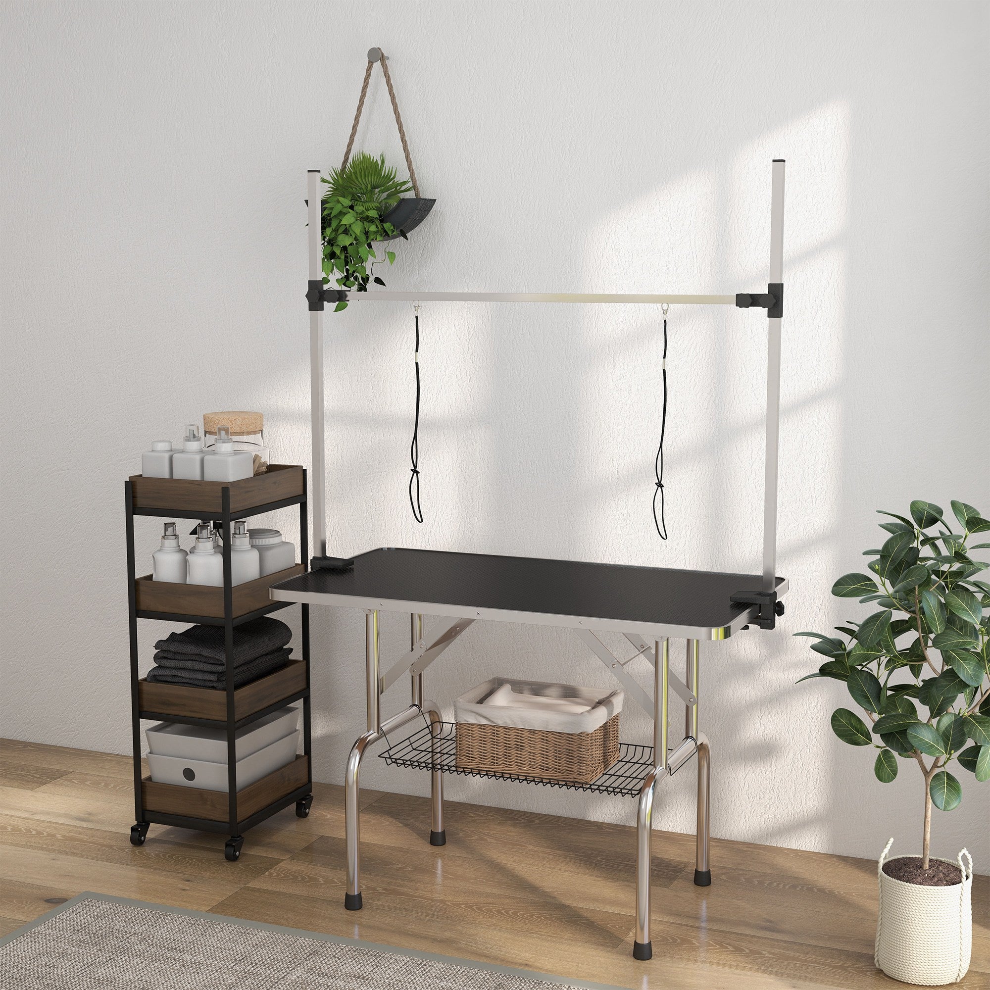 PawHut 42" Dog Grooming Table, Adjustable Pet Cat Drying Beauty Table with 2 Loops Storage Basket, Rubber Top, Black 