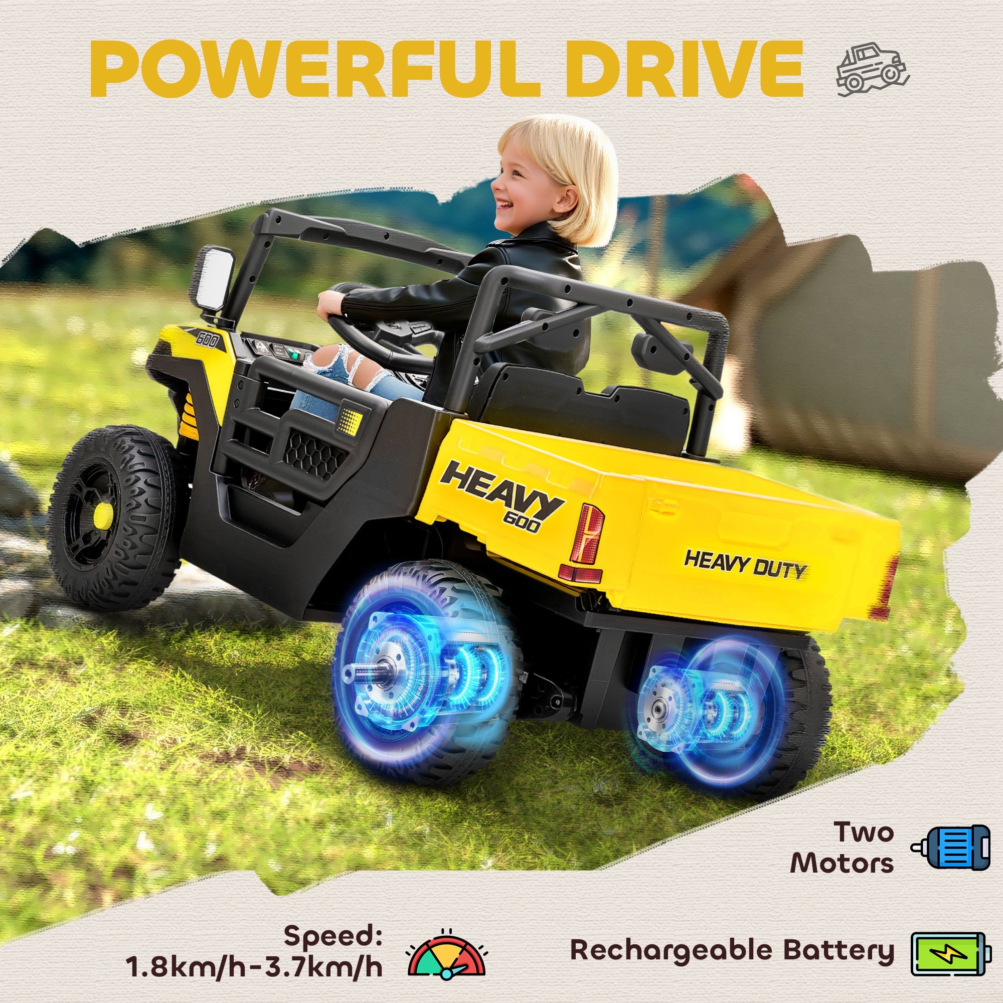 AIYAPLAY Kids Ride on Car, 12V Electric Kids UTV with Electric Dump Bed, 4-Wheel Suspension for 3-8 Years, Yellow 
