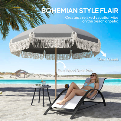 Outsunny 1.7 m Beach Umbrella with Sand Anchor, 30° Tilting Fringed Beach Garden Parasol with Adjustable Height, Grey 