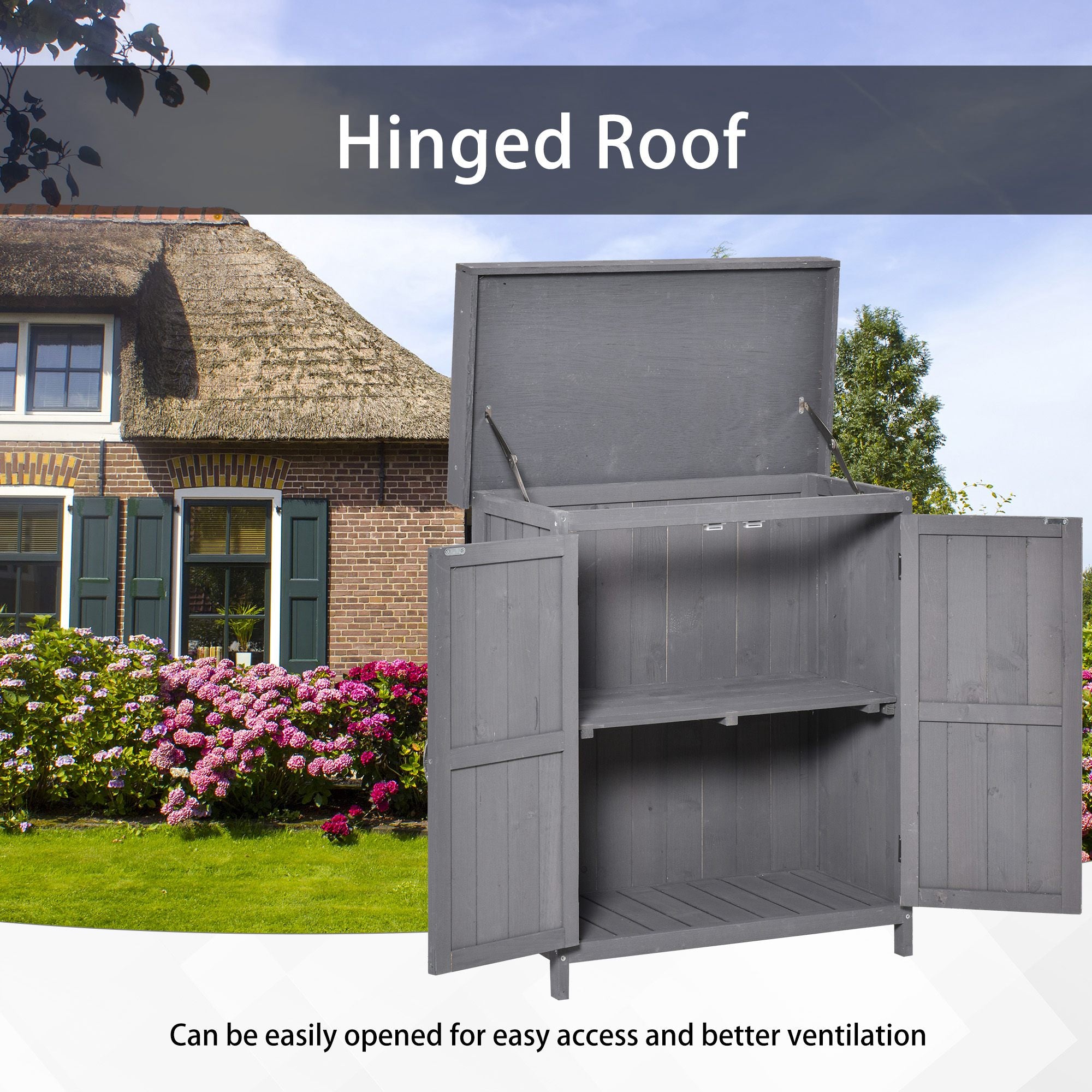 Outsunny Wooden Garden Storage Shed with Hinged Roof and Shelves, Outdoor Storage Cabinet Chest, Double Doors, 74 x 43 x 88cm, Grey 