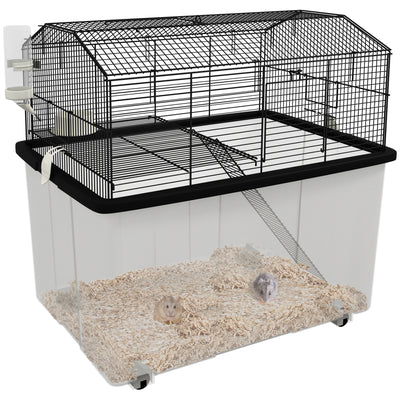 PawHut Two-Tier Gerbil Cage, Hamster Cage for Dwarf Hamster, Syrian Hamster w/ Wheels, Deep Bottom, Food Dish, Water Bottle 