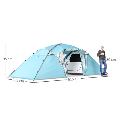 Outsunny 4-6 Man Family Camping Tent w/ 2 Bedrooms and a Living Room, Waterproof Tunnel Tent w/ Sewn In Groundsheet, Doors, Windows, Carry Bag, Blue 