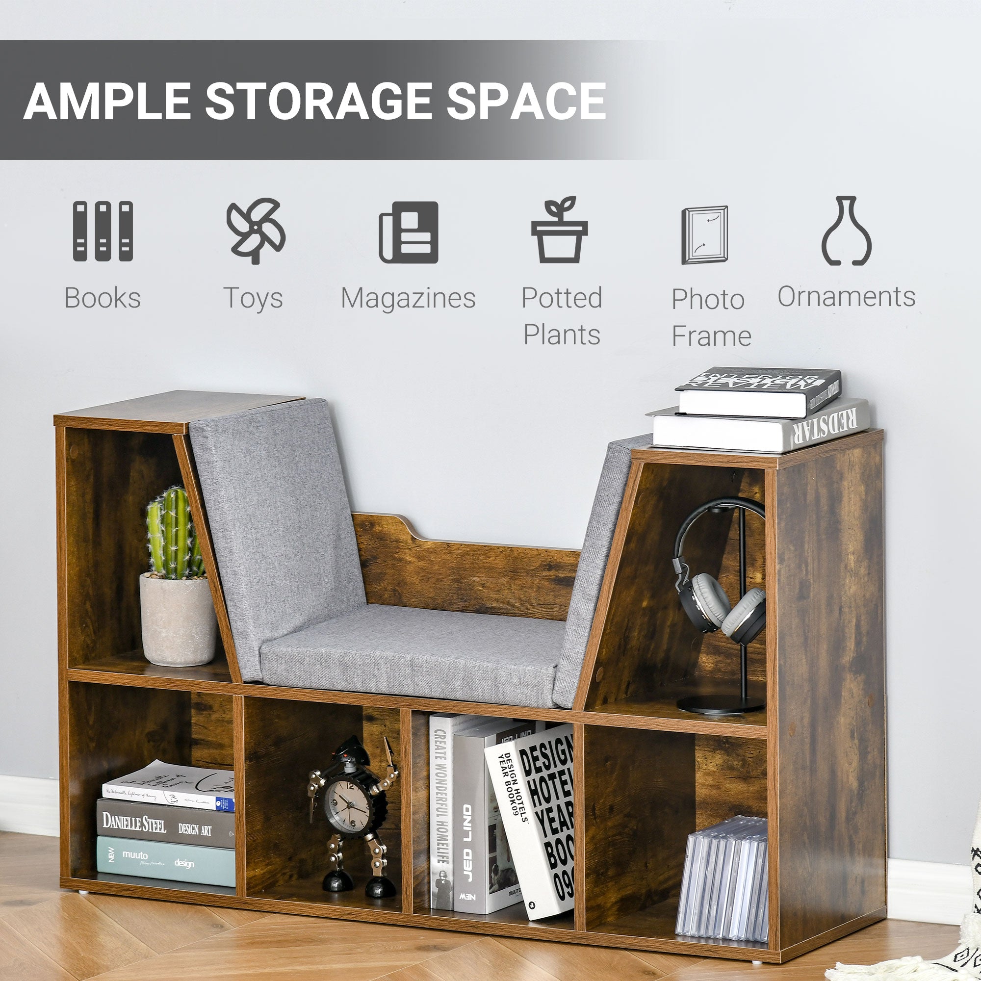 HOMCOM Bookcase Storage Shelf with Cushioned Reading Seat, Cube Bookshelf Organizer for Bedroom Living Room, Rustic Brown 