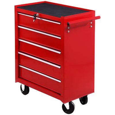 HOMCOM 5 Drawer Tool Chest on Wheels, Lockable Steel Tool Trolley with Side Handle for Workshop, Garage, Red 