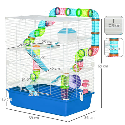 PawHut 5 Tier Hamster Cage, Gerbil Cage with Tube, Water Bottle, Exercise Wheel, Food Dish, 59L x 36W x 69H cm - Blue 
