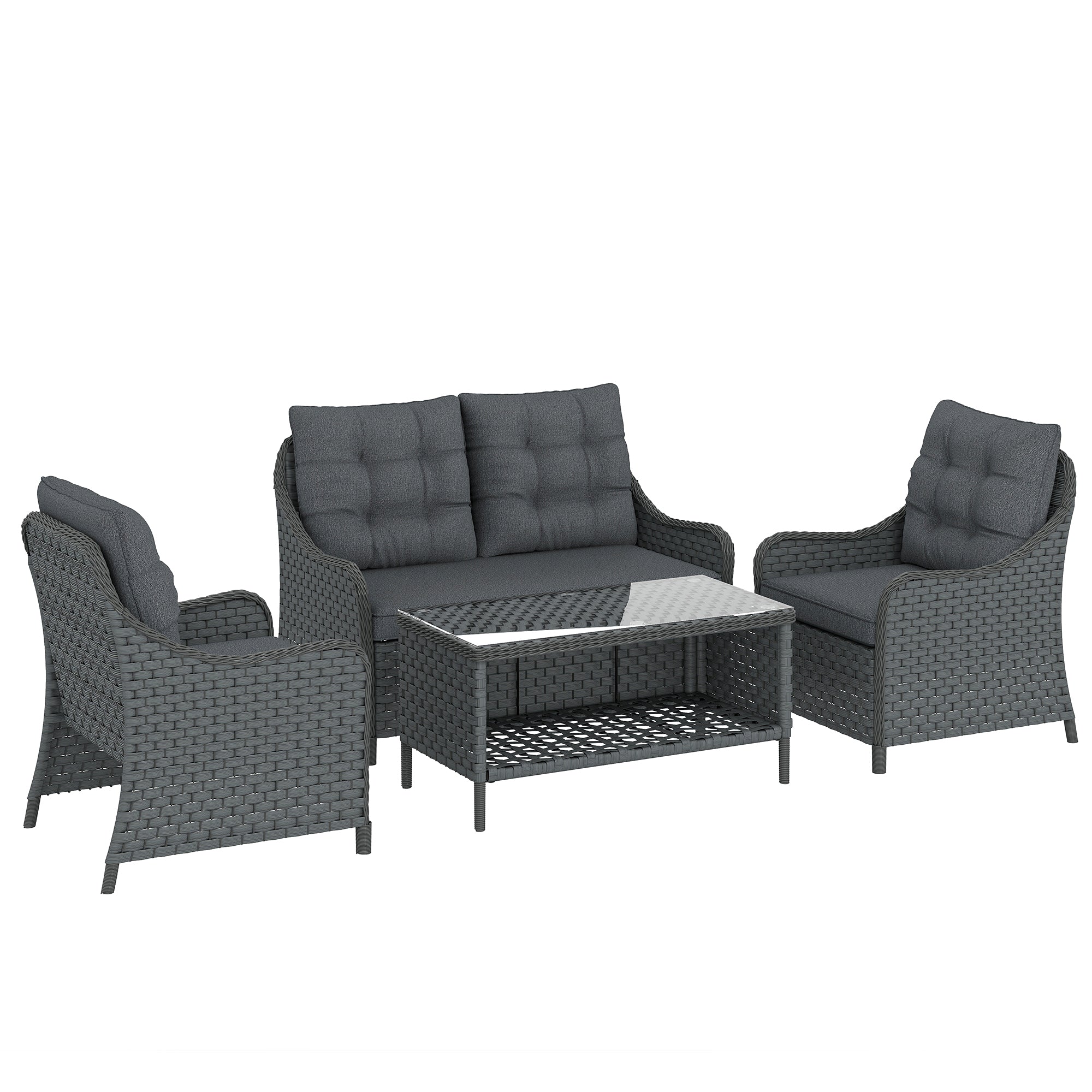 Outsunny 4-Piece Wicker Patio Furniture Set with 2 Armchairs, Loveseat, Glass Coffee Table, Conversation Sofa Set, Dark Grey 