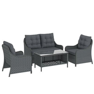 Outsunny 4-Piece Wicker Patio Furniture Set with 2 Armchairs, Loveseat, Glass Coffee Table, Conversation Sofa Set, Dark Grey 