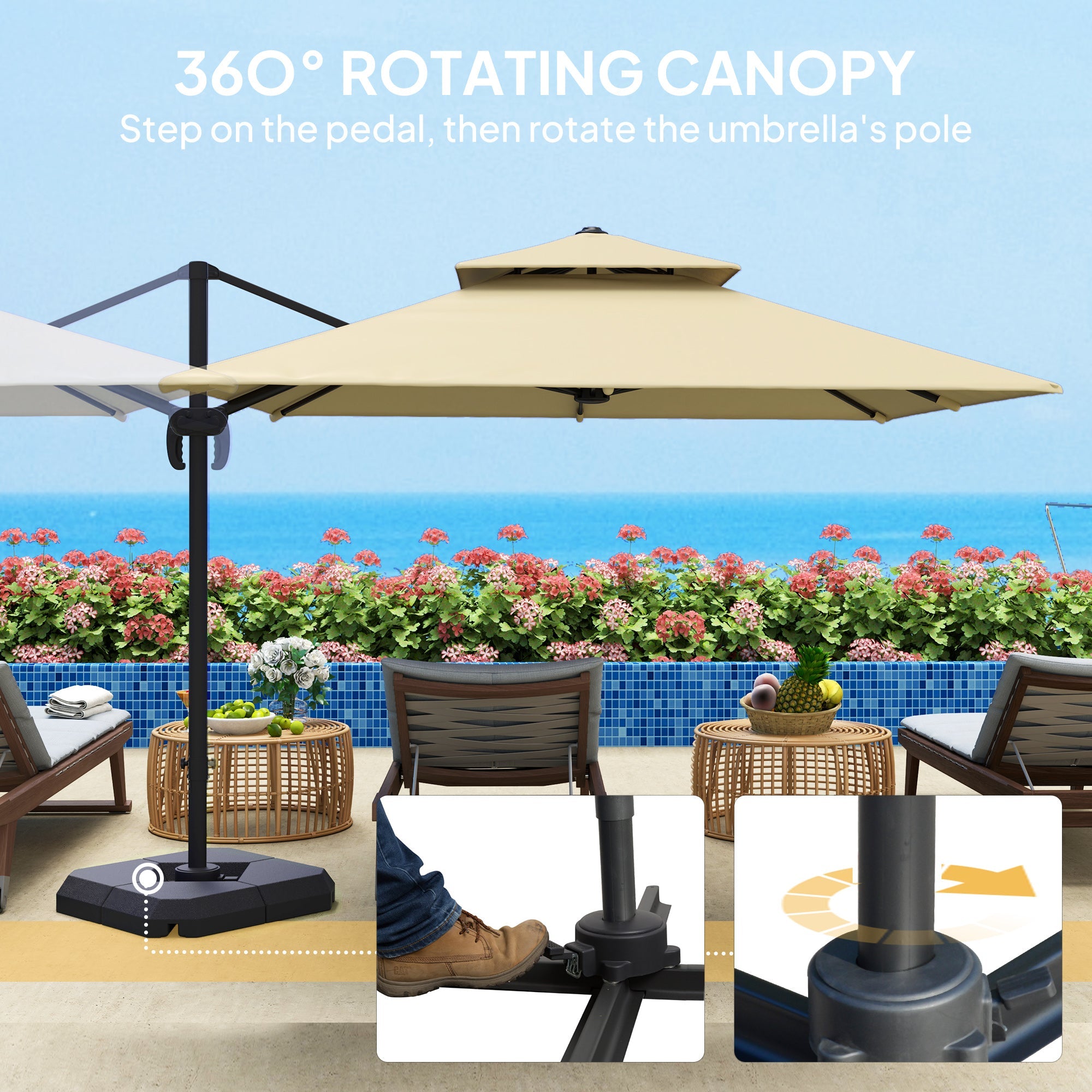 Outsunny 2.7 x 2.7(m) Cantilever Parasol with Aluminium Frame, Crank and Tilt, 360° Rotation, Double Top Garden Umbrella with Base and Cover, Khaki 
