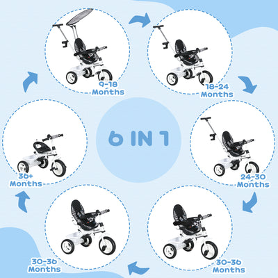 HOMCOM 6 in 1 Tricycle for Kids with 5-point harness straps, Removable Canopy, White 