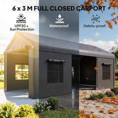 Outsunny 3 x 6 m Heavy Duty Carport, Portable Garage Car Canopy Tent with Galvanised Frame, Doors, Windows, Dark Grey 