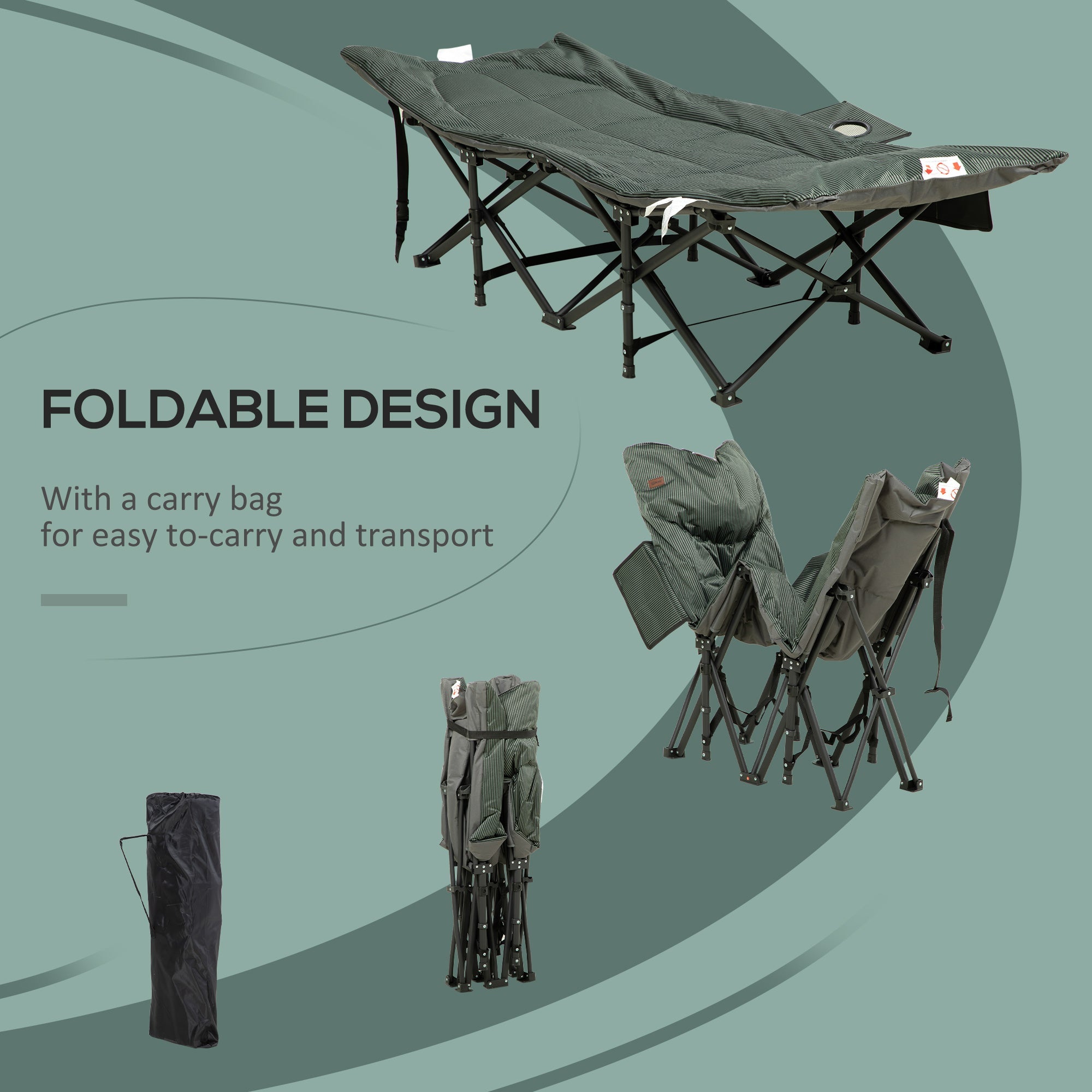 Outsunny Foldable Sun Lounger, Padded Patio Camping Bed with Carry Bag, Magazine Bag and Cup Holder for Outdoor, Garden, Porch, Grey 