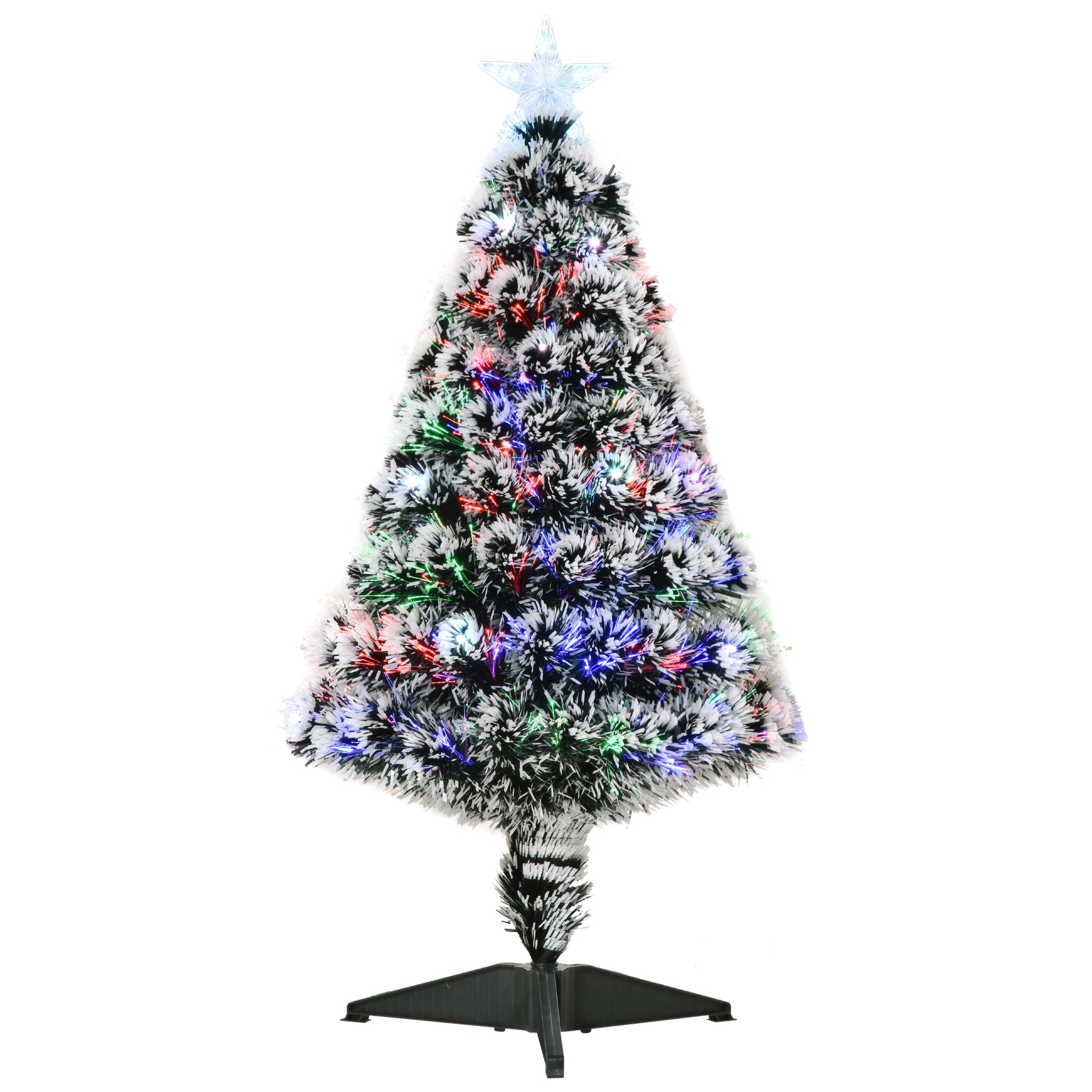 HOMCOM 3ft Artificial Prelit Christmas Tree, Snow Xmas Tree with Colourful LED Lighting Fiber Optics, Green White 