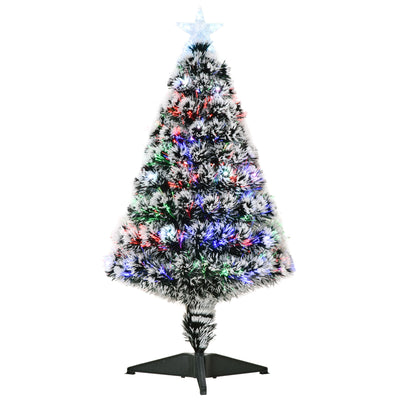 HOMCOM 3ft Artificial Prelit Christmas Tree, Snow Xmas Tree with Colourful LED Lighting Fibre Optics, Green White