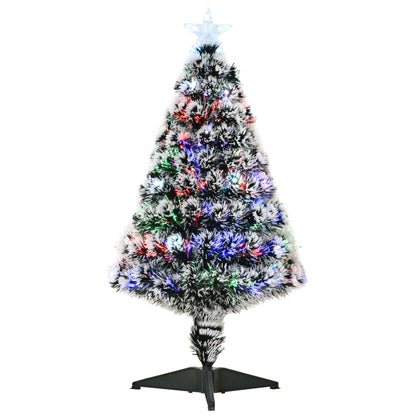HOMCOM 3ft Artificial Prelit Christmas Tree, Snow Xmas Tree with Colourful LED Lighting Fiber Optics, Green White 