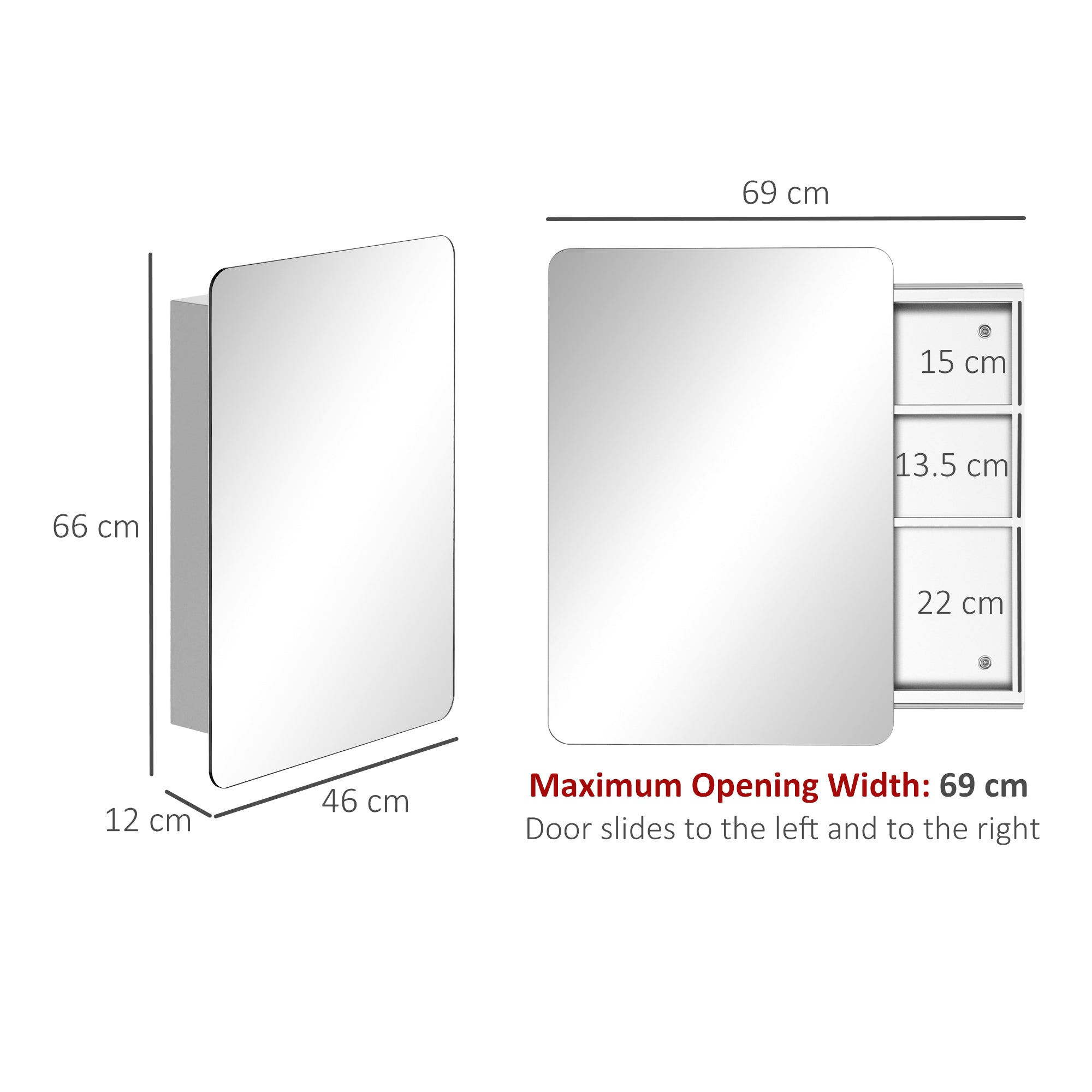 kleankin Bathroom Storage Cabinet w/Sliding Mirror Door, Wall Mounted Bathroom Cabinet with 3 Shelves, Stainless Steel Frame, 46W x 66H cm 