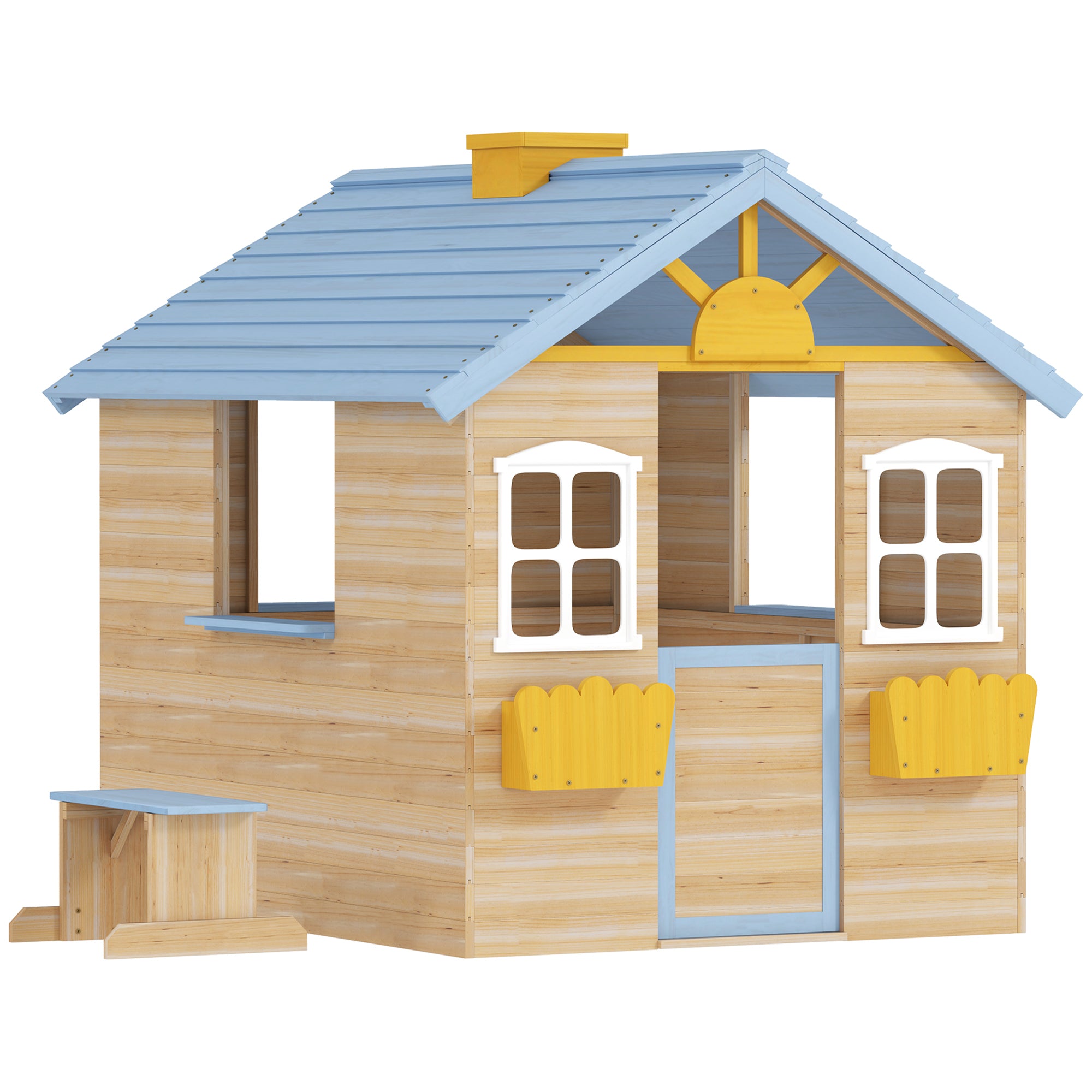 Outsunny Wooden Playhouse, Wendy House w/ Door, Bench, Flowerpot Holder, For Ages 3-7 Years, Blue 