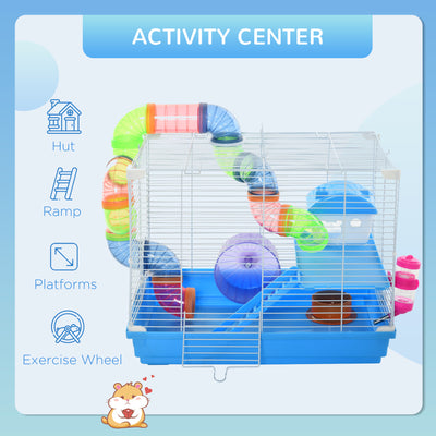 Pawhut 2 Tier Hamster Cage, Gerbil Cage with Handle, Exercise Wheels, Tunnel, Tube, Water Bottle, Dishes, Ladder, for Dwarf, Blue 