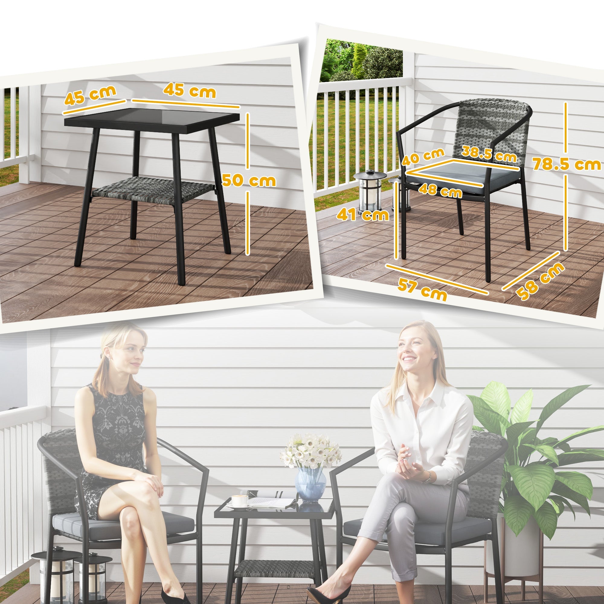 Outsunny 3 Pieces Rattan Bistro Set with Cushions, Wicker Garden Furniture Set, Glass Top Coffee Table and Chairs for Outdoor Patio, Balcony, Terrace and Conservatory, Grey 