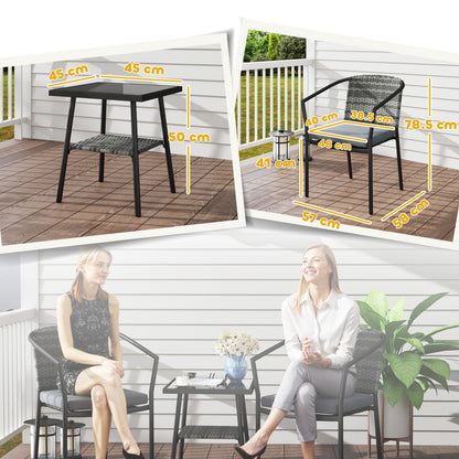 Outsunny 3 Pieces Rattan Bistro Set with Cushions, Wicker Garden Furniture Set, Glass Top Coffee Table and Chairs for Outdoor Patio, Balcony, Terrace and Conservatory, Grey 