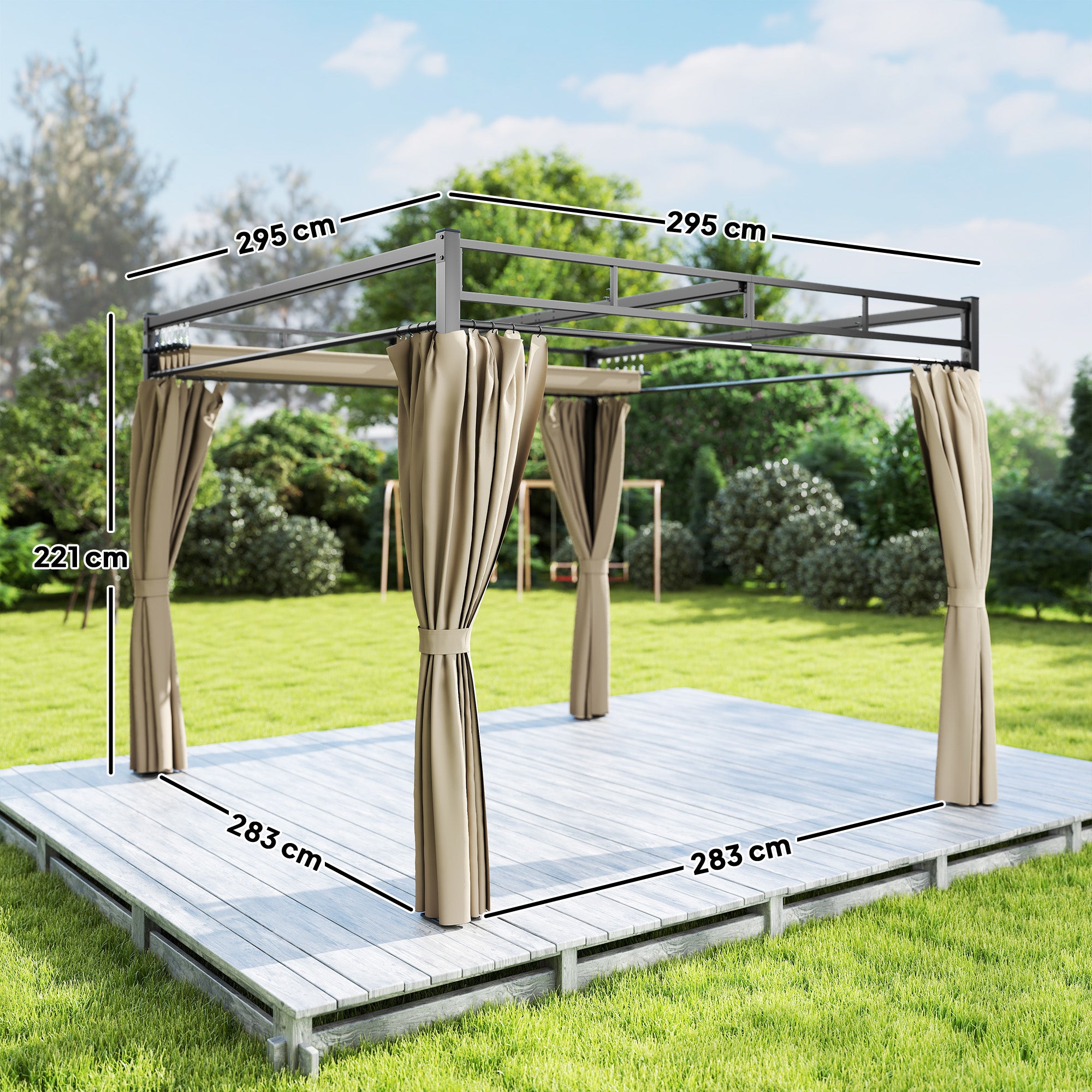 Outsunny 3 x 3 m Pergola with Retractable Roof Canopy and Curtains, UPF30+ Metal Frame Garden Pergola Gazebo Sun Shade, Khaki 
