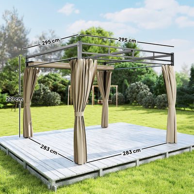 Outsunny 3 x 3 m Pergola with Retractable Roof Canopy and Curtains, UPF30+ Metal Frame Garden Pergola Gazebo Sun Shade, Khaki 