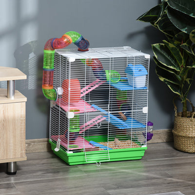 PawHut 5 Tier Hamster Cage Carrier Habitat w/ Exercise Wheels, Tunnel, Green 