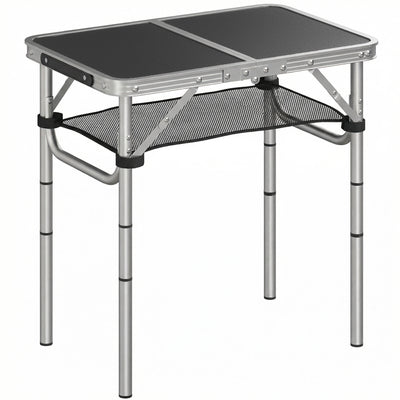 Outsunny 2ft Folding Camping Table, Picnic Table with Mesh Storage Layer, 4 Adjustable Heights and Carrying Handle, Black 