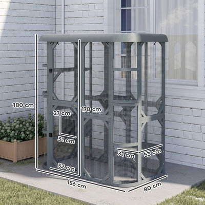 PawHut Catio Outdoor Cat Enclosure,  Wooden Cat House with Platforms, Condo and Waterproof Cover for 2–3 Kittens, Grey 
