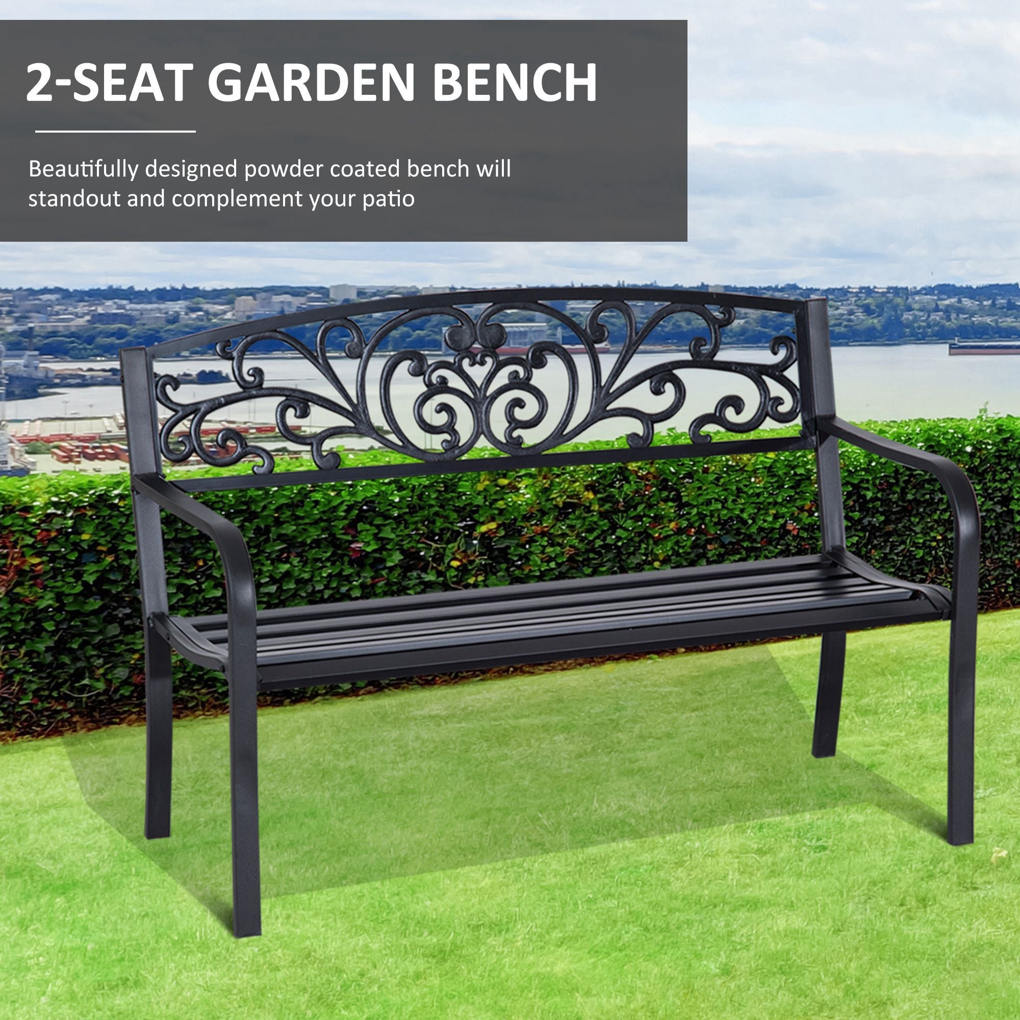 Outsunny 2-Seater Garden Bench, Steel-Black 