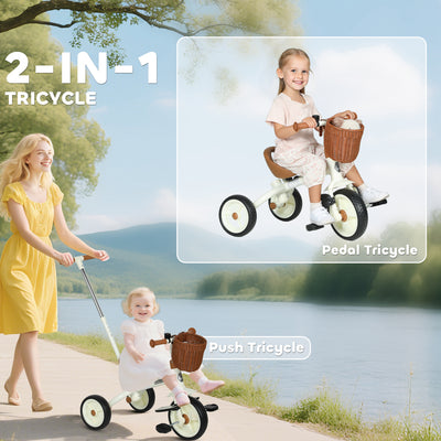 AIYAPLAY 2-In-1 Toddler Trike for 2-5 Years Old, 3 Wheel Bike with Adjustable Parent Handle, Basket for Boys and Girls, White 