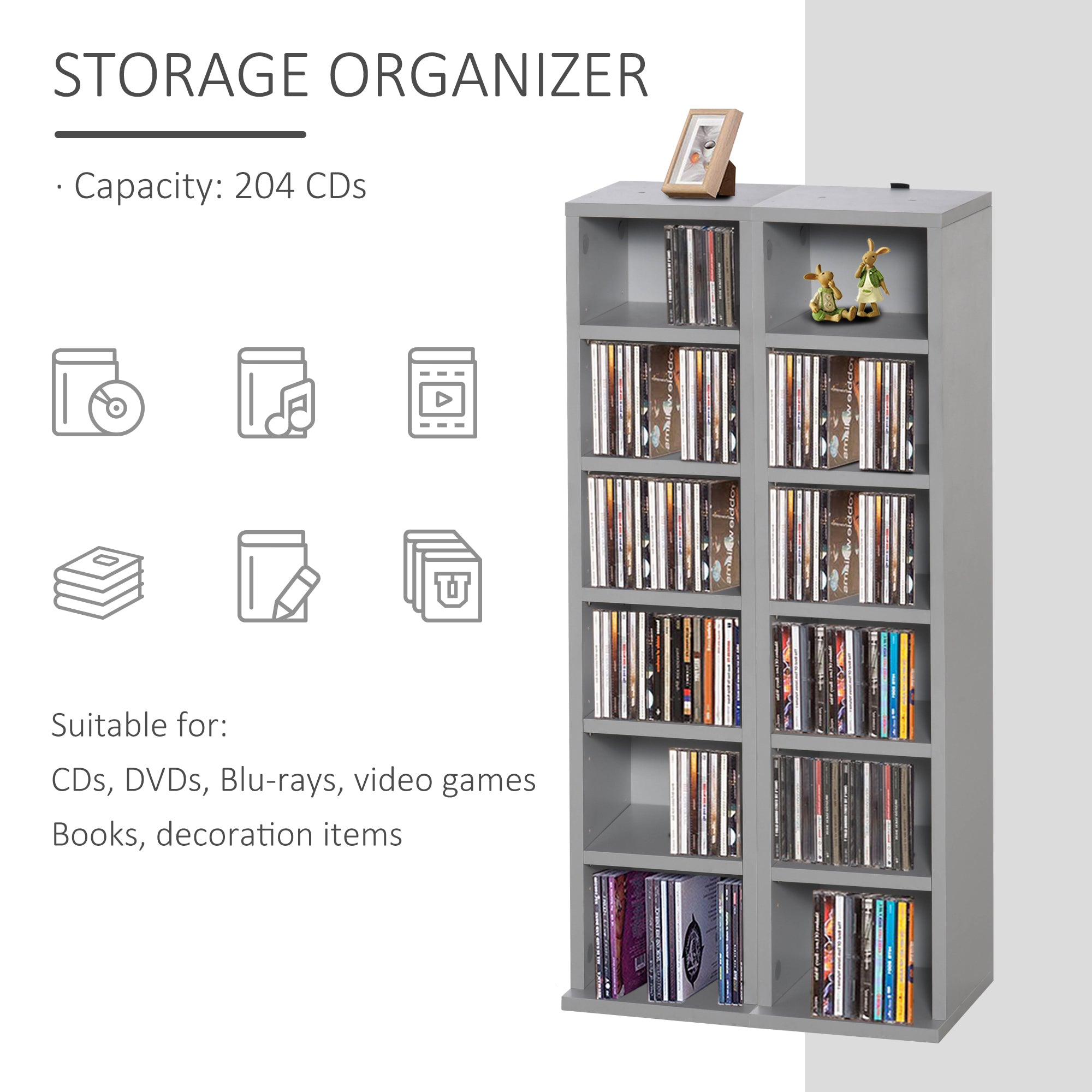 HOMCOM 204 CD Media Display Shelf Unit Set of 2 Blu-Ray Tower Rack w/ Adjustable Shelves Bookcase Storage Organiser, Grey 