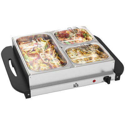 HOMCOM 4.5L Stainless Steel Electric Buffet Server, with 3x Trays and Lids 