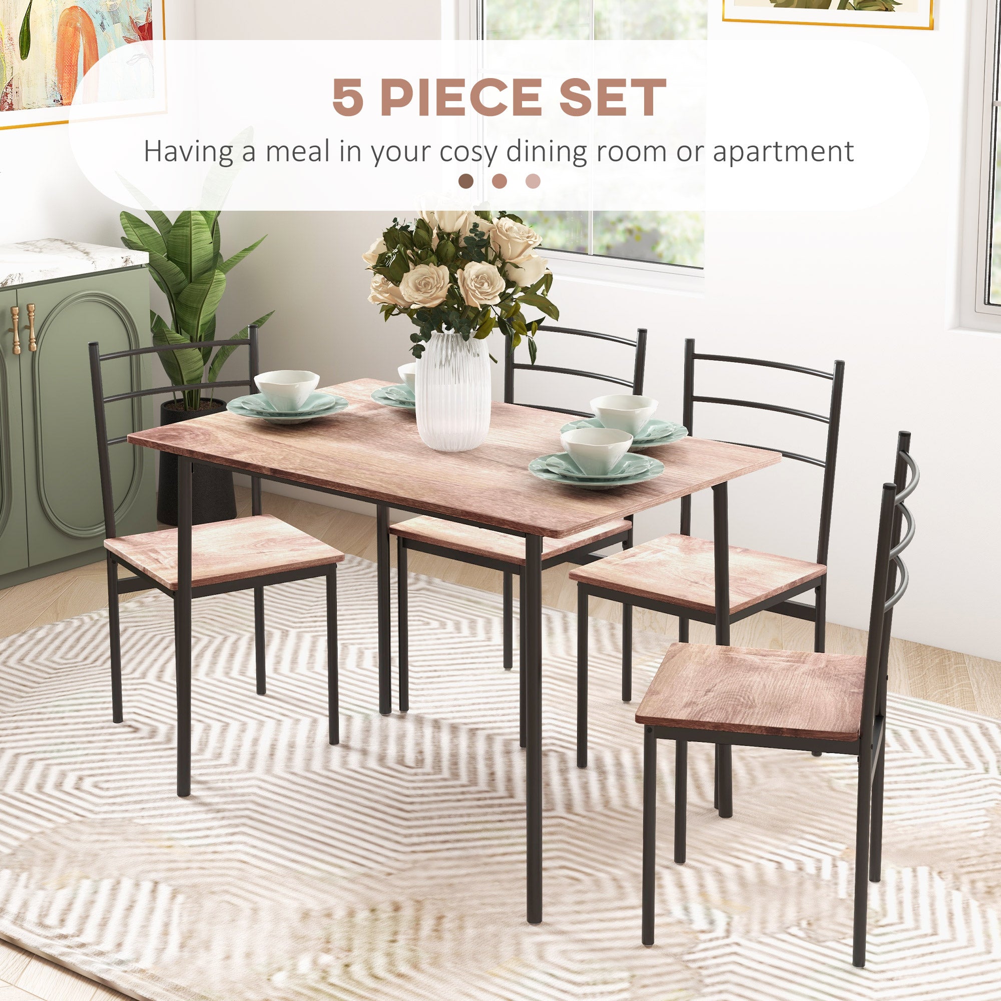 HOMCOM 5 Piece Dining Table and Chairs Set, Dining Room Sets, Steel Frame Space Saving Table and 4 Chairs for Compact Kitchens, Black 