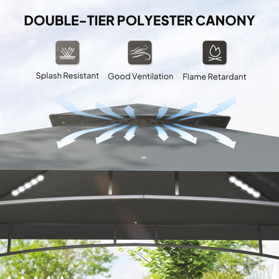 Outsunny 8' x 5' Grill Gazebo, Double Tiered BBQ Gazebo Shelter Canopy with LED Lights, 2 Side Shelves, Hooks, Dark Grey 