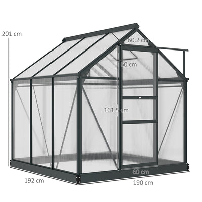 Outsunny 6 x 6ft Polycarbonate Greenhouse, Large Walk-In Green House with Slide Door and Window, Garden Plants Grow House with Aluminium Frame and Foundation, Grey 
