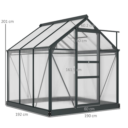 Outsunny 6 x 6ft Polycarbonate Greenhouse, Large Walk-In Green House with Slide Door and Window, Garden Plants Grow House with Aluminium Frame and Foundation, Grey 